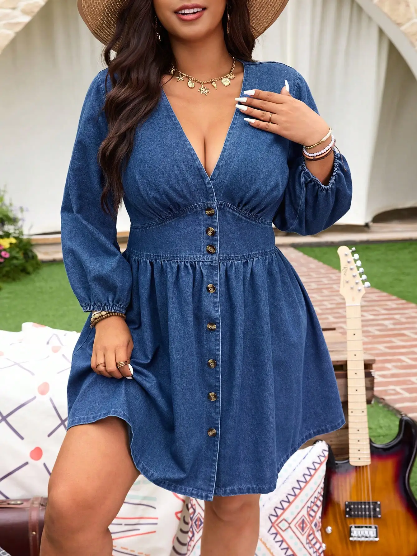 

Plus Size Women's V-Neck Button-Front Denim Dress with Lantern Sleeves