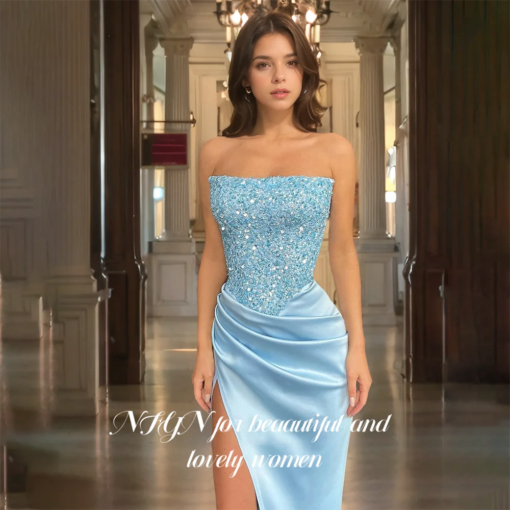 NFYN Sky Blue Prom Dress Stain Backless Mermaid Celebrity Dresses Sequines Side High Split Woman Evening Dress 프롬 드레스 Customized