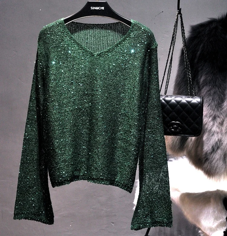 ja Sparkling Hollow out Knitted Sweater V-Ne Bell Sve Top Women's Faion Ele Commute Sle Thin Long Sve