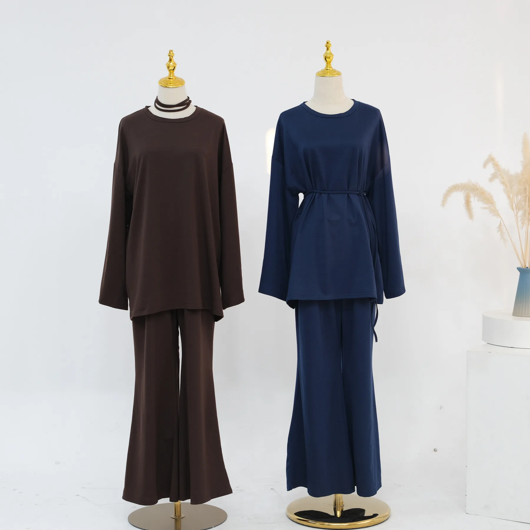 Muslim Women 2 Piece Set Pleated Long Sleeve Tops Wide Leg Pants Trousers Suit Dubai Abaya Turkish Kaftan Dress Gown Eid Mubarak