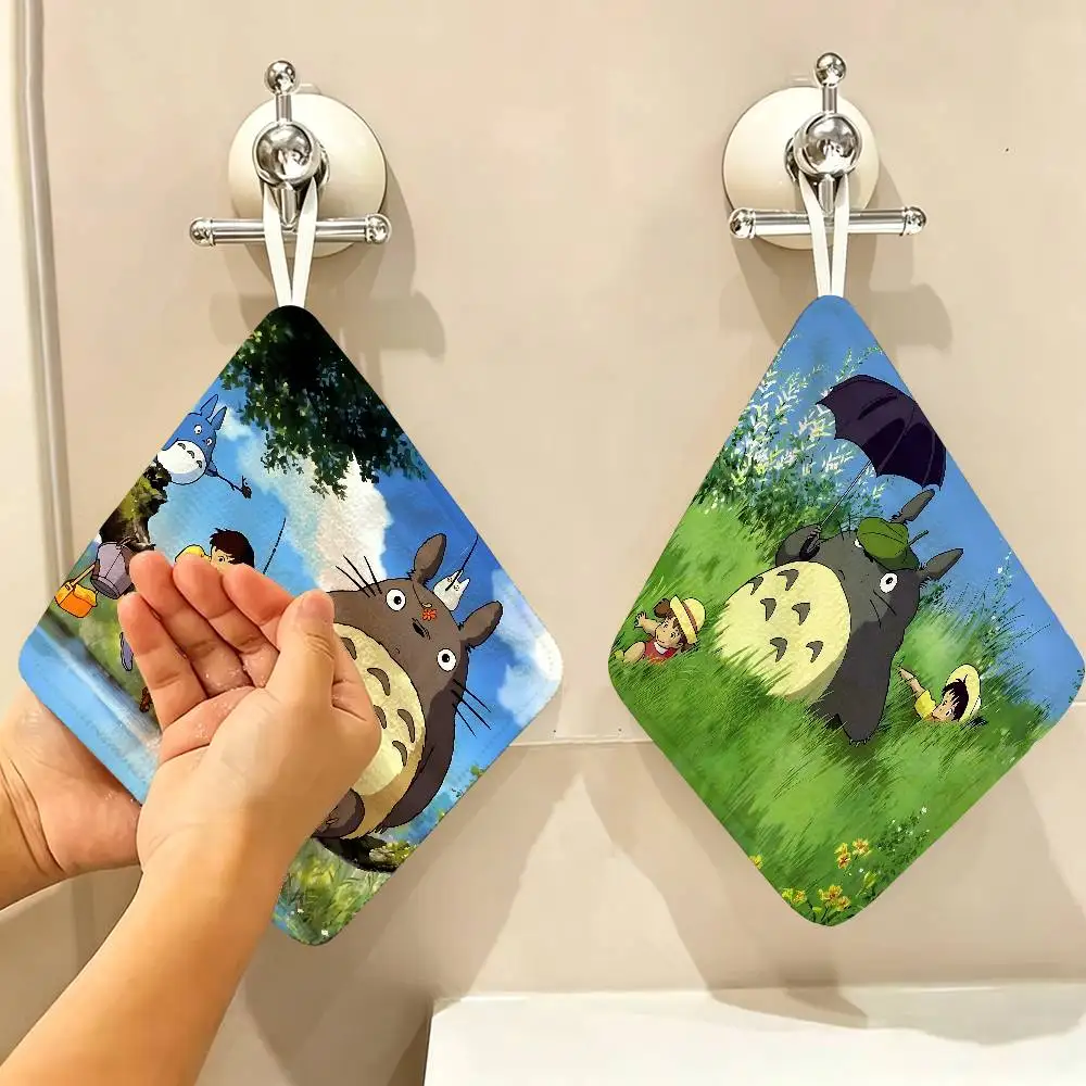 Cartoon T-Totoro Hanging Polyester Cotton Towel, Reusable Hand Wiping Cloth, Wear Resistant for Home Kitchen Sink