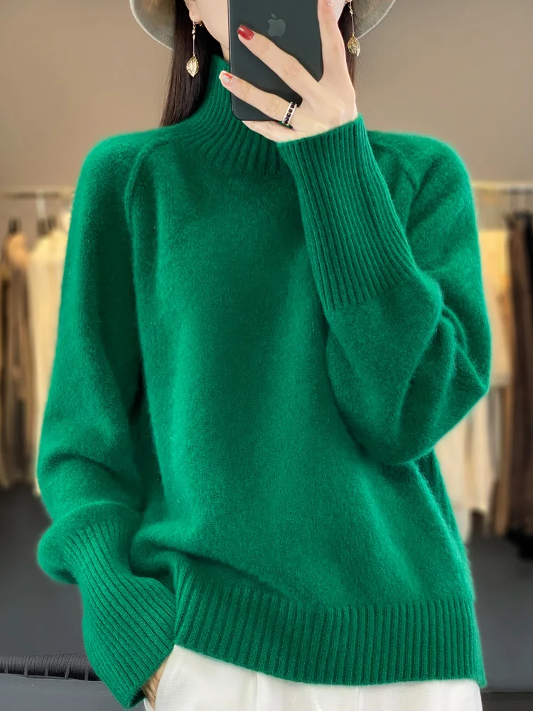 

Women Autumn Winter Turtleneck Pullover Sweater 100% Merino Wool Elegant Solid Cashmere Female Raglan Sleeve Knitted Popular Top