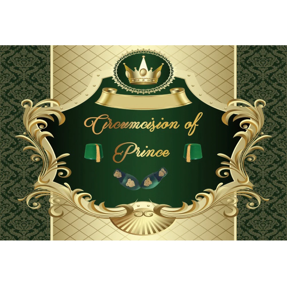 Laeacco Circumcision of Prince Background Gold Crown Green Vintage Pattern Kid Birthday Portrait Customized Photography Backdrop