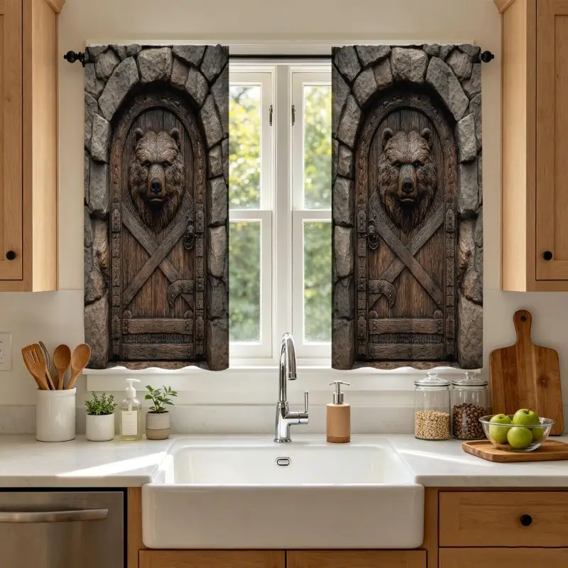VIKAMA Bear Wooden Door Tier Curtain Retro Cabin Cafe Curtain Rod Pocket Kitchen Short Curtain Small Window Home Decor