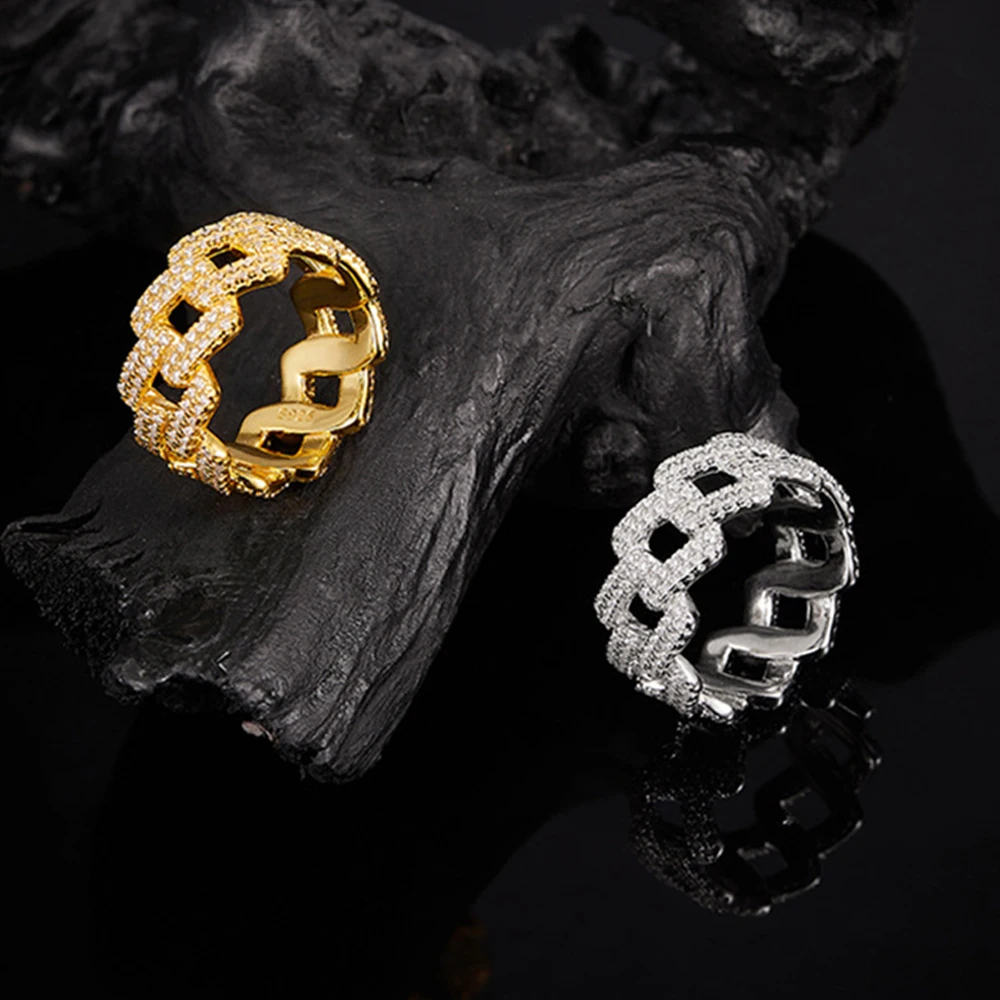 10mm D VVS1 Moissanite Diamond Cuban link Ring For Men Women Double Row Iced Out Pave Hip Hop Cuban Band S925 Silver Jewelry