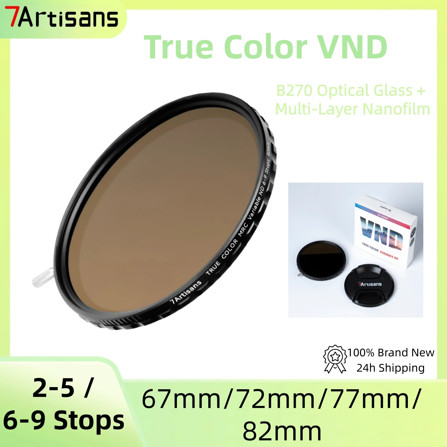 7Artisans True Color Variable ND Filter 2-5 Stops 6-9 Stops Stepless ND Adjustment 67mm/72mm/77mm/82mm Variable Neutral Density