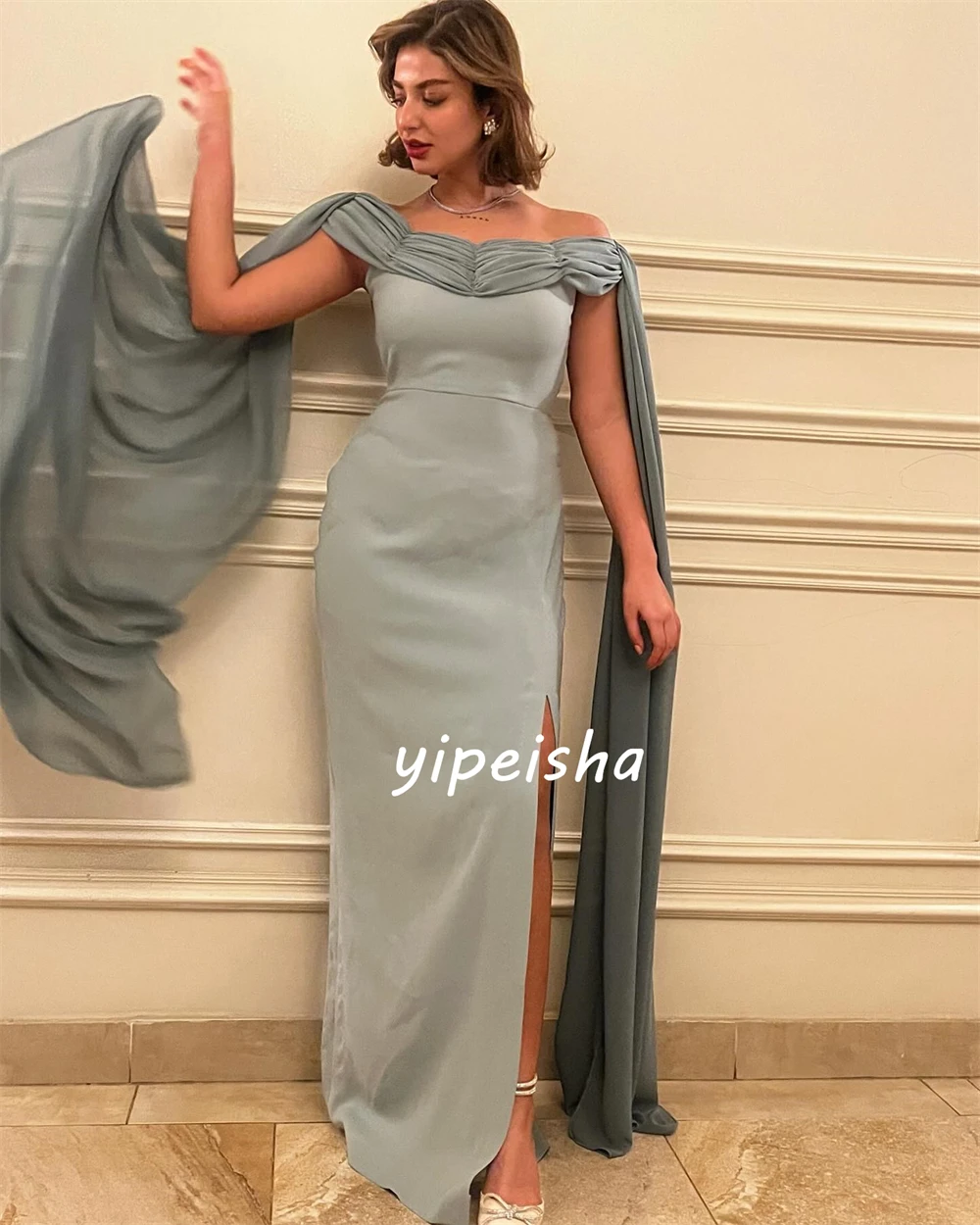 Jersey Pleat Homecoming A-line Off-the-shoulder Bespoke Occasion Gown Long Dresses