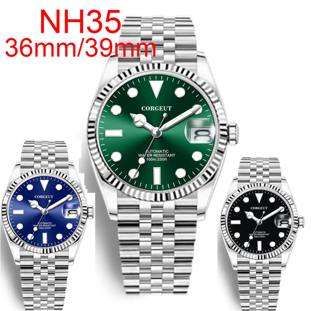 36/39mm Corgeut Sterile Steel NH35A Sunbusrt Green Dial Men Watch Sapphire Crystal Fluted Bezel Automatic Wristwatch Jubilee