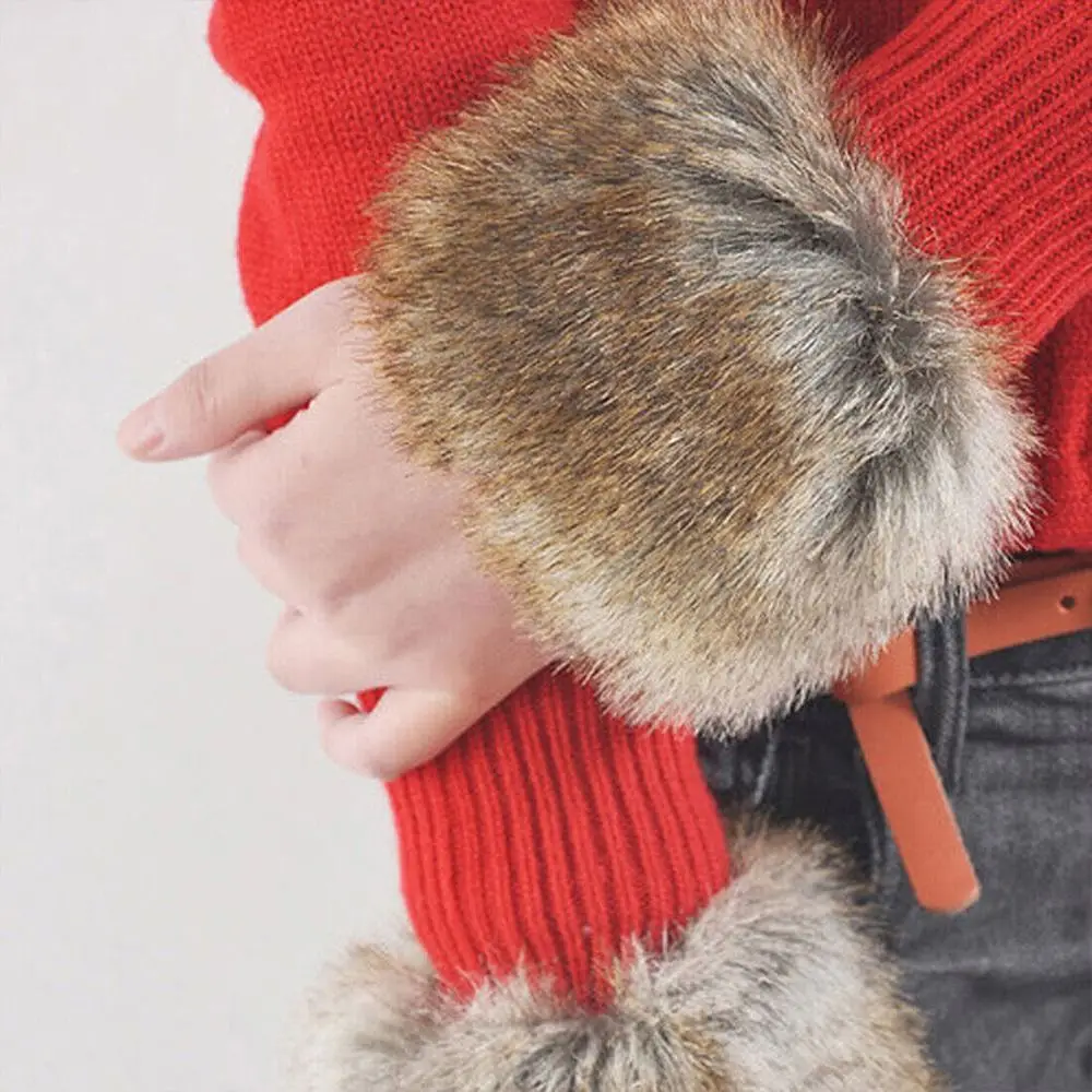 Damskie modne zimowe ciepłe sztuczne futro elastyczne na nadgarstek mankiety damskie w jednolitym kolorze na ramię ogrzewacz pluszowy ochraniacz na nadgarstek