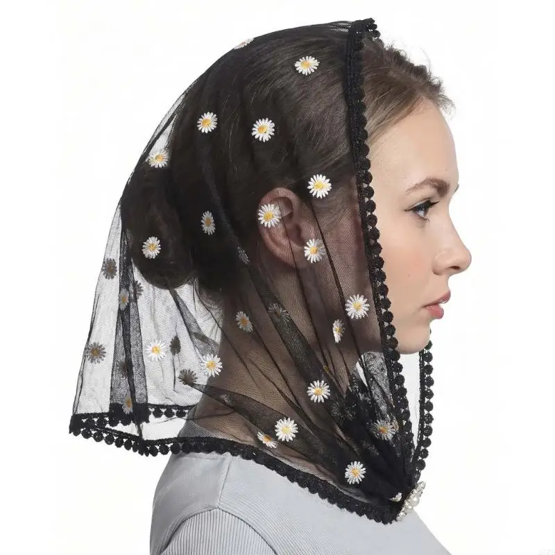 Decorative Hair Scarf with Lace Edging Flower Pattern Headwrap for Women Girl