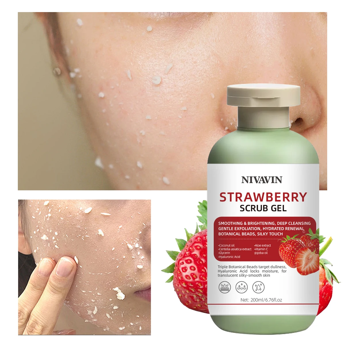 200ml vanilla scrub gel suitable for all skin types to gently remove dead skin cells, moisturize and brighten skin tone