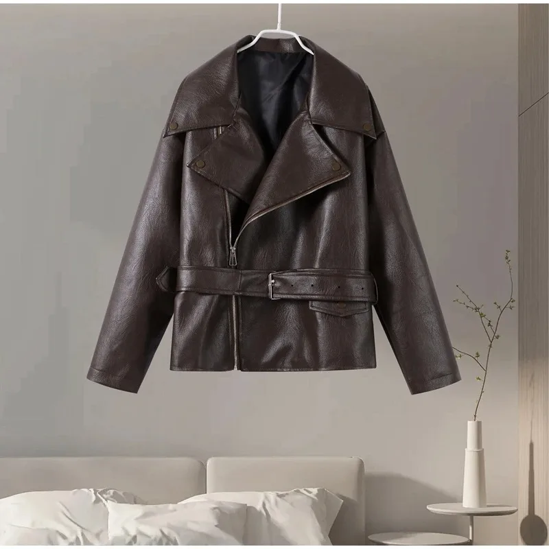 مع سترة جلدية بحزام، سترة نسائية ربيعية أوروبية وأمريكية، سترة جلدية أنيقة بحزام ريترو أمريكي للدراجات النارية #6