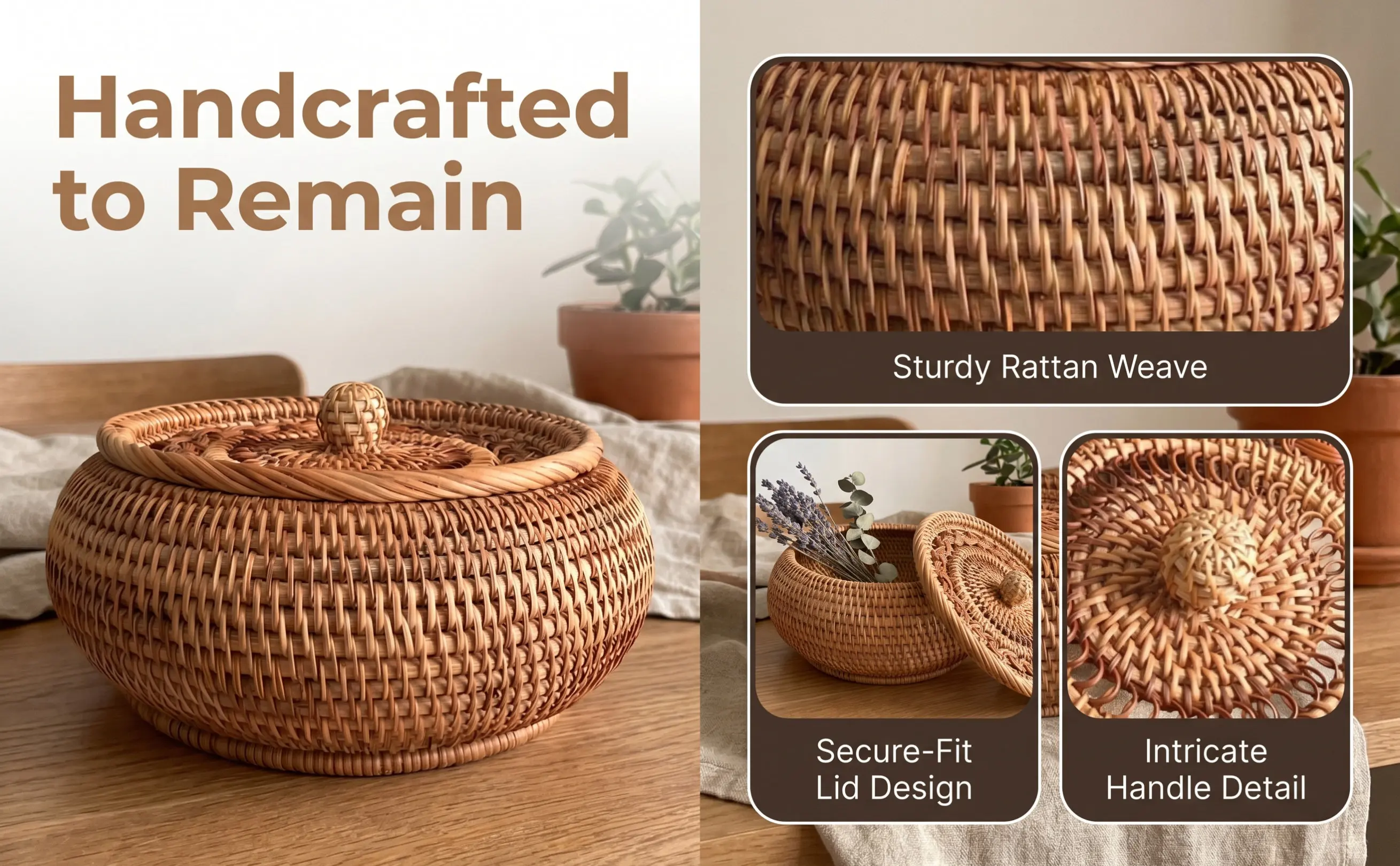 Elegant Rattan Craft Storage Basket Smooth Aged Finish Fruit Serving Basket Candy Holder Sundries Organizer for Study Bedroom