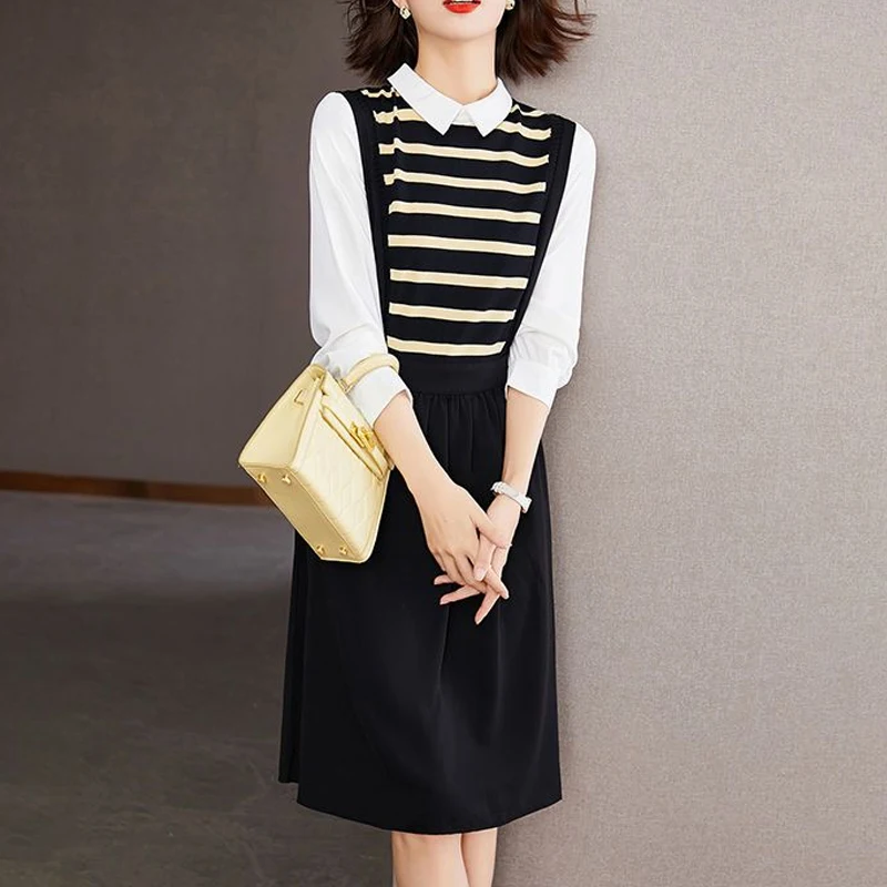 spring autumn new Contrast color Fake two pieces Midi dress women High street Casual dresses elegant Striped All-match Vestidos