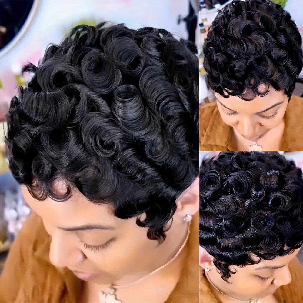 

Женский короткий кудрявый парик пикси из натуральных волос, полностью машинной работы, с эффектом естественных локонов, с сетчатой шапочкой-основой (розовая сетка) для повседневного ношения