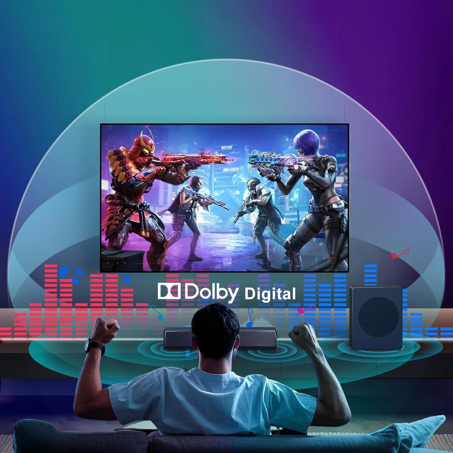 

2.1 ch Soundbar with subwoofer, Dolby Digital 100W Sound Bars TV Speaker Home Theater Audio Surround Sound System, HDMI eARC