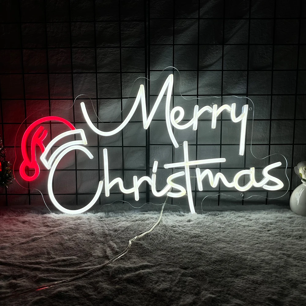 

Merry Christmas Hat Neon Sign Xmas Party Bar Bedroom Led Lighted Signs for Wall Decor Plug Powered Adjustable Brightness Lamp