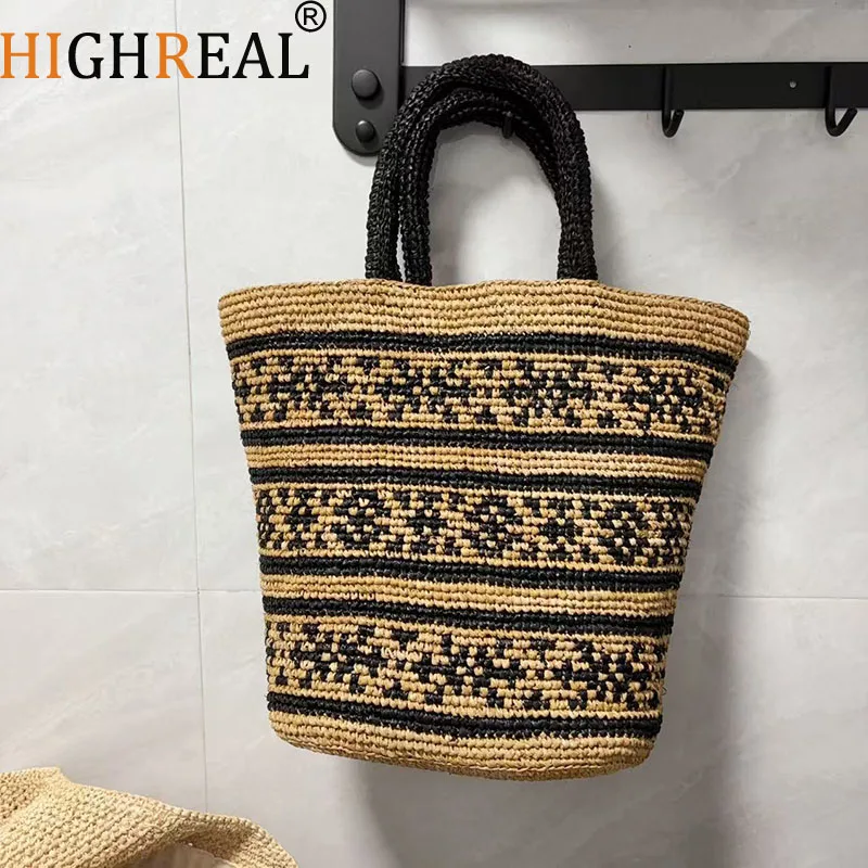 

Black Patchwork Woven Handbag for Vacation Beach Handmade Woven Lafite Grass Woven Bag Women's Summer Outing