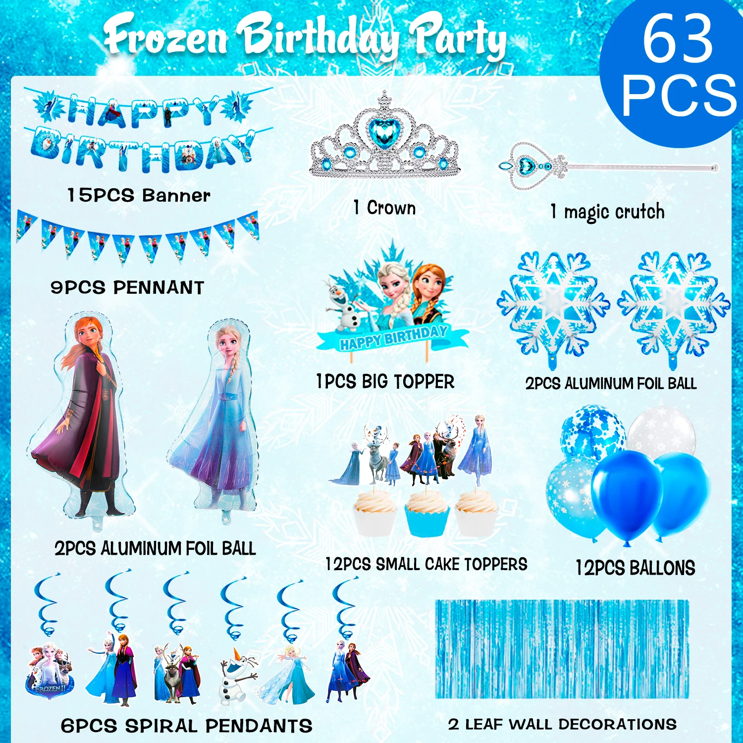 Suministros para fiesta de cumpleaños, juego de decoraciones para fiesta de 3 piezas, globo congelado, globo de aluminio de Elsa, globos de copo de nieve, adornos para tarta