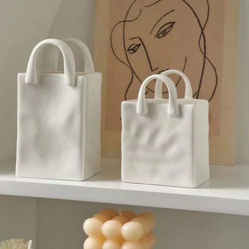 Ceramic Vase, Folded Paper Bag, White Vase, Modern Minimalist, Light Luxury, Plain Fired White Floral Ware, Home Decoration
