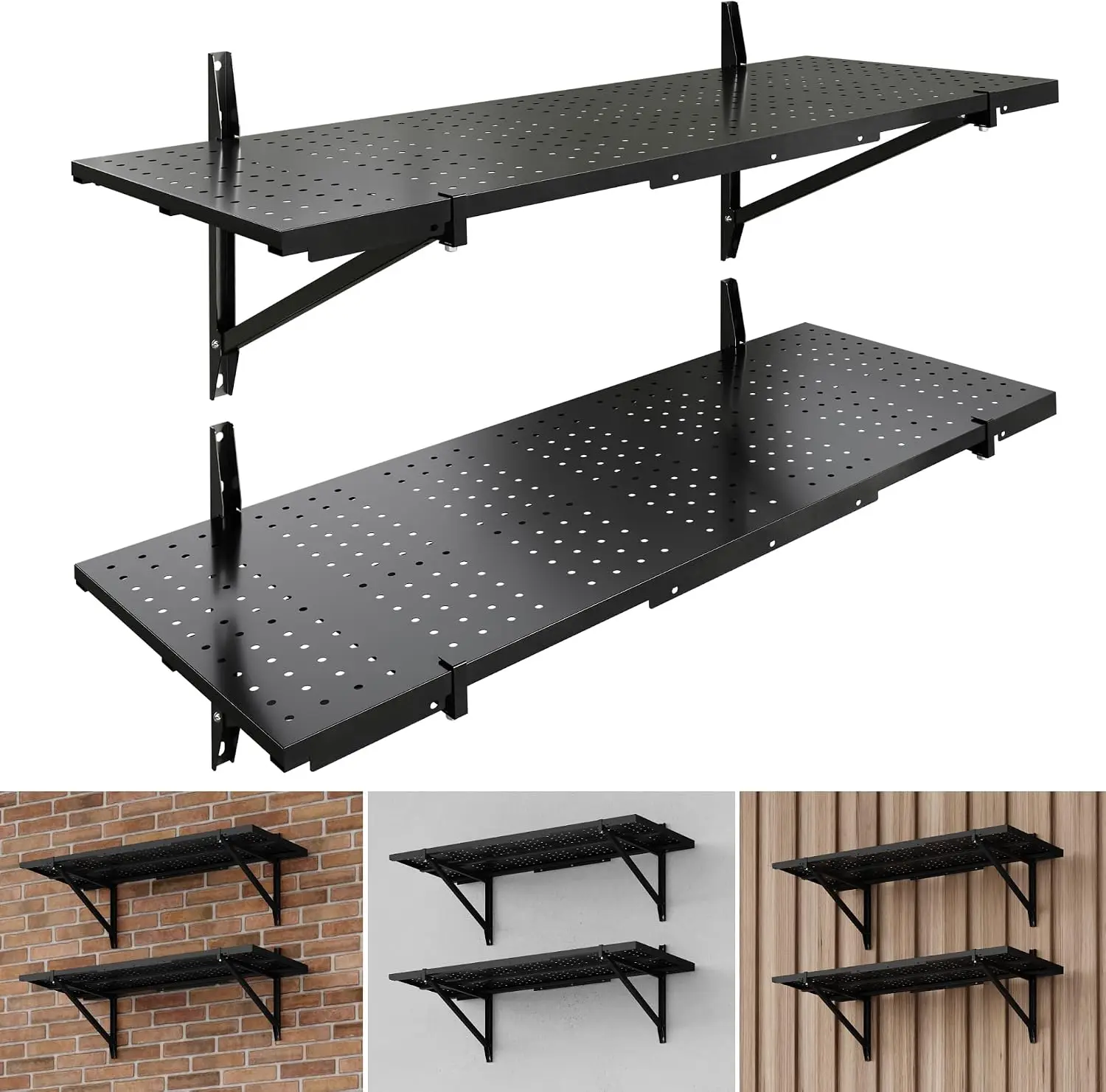 2-Pack 1x3ft Wall Mounted Garage Shelving, 14x34-inch | Perforated, Heavy Duty Storage Rack, 700 lbs Load Capacity, Garage Organ