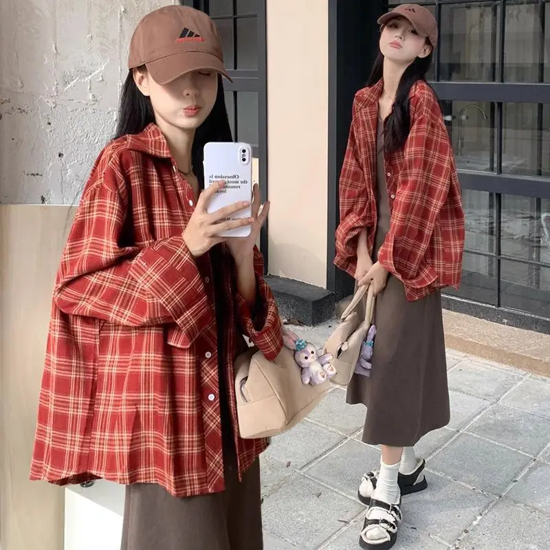 

Retro Hong Kong Style Red Plaid Shirt Loose Casual Thin Sun Protection Long Sleeve Outerwear Women's Fashion Spring 2024