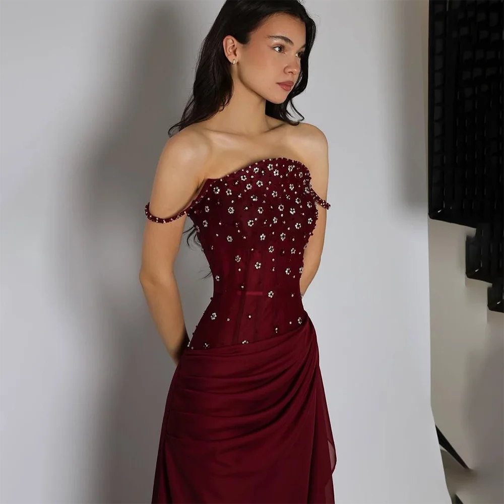 Women's Evening Dress Burgundy Crystal Off Shoulder Pleat Chiffon Elegant Evening Gowns Mermaid Formal Party Dress Customized