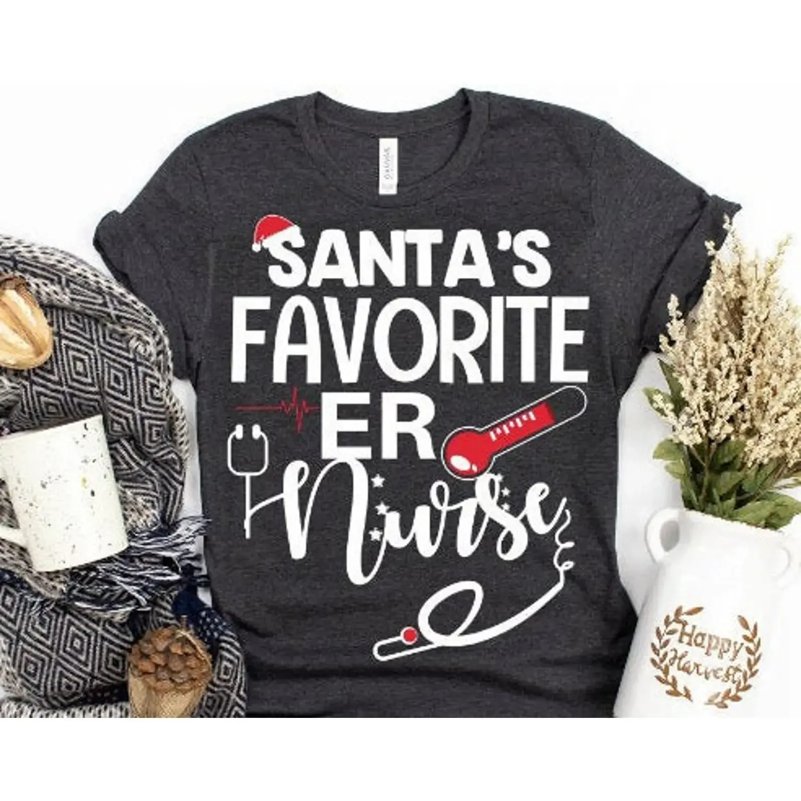 Santa's favorite er nurse T Shirt Christmas Xmas Stethoscope Student  vintage Washed Versatile Casual fashion Stylish Soft