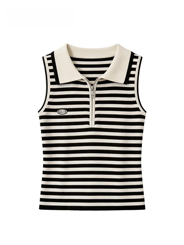 

Cara CLUB plus Size Sleeveless Vest Women's Summer New Style Plump Sister Striped Loose Anti-aging Collar Top