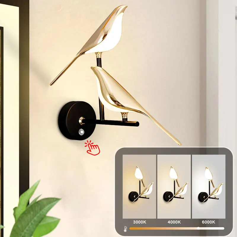 داخلي العقعق الطيور اللمس التبديل أضواء الجدار LED لغرفة النوم بجانب السرير الشمال 360 °   مصابيح Wlal LED قابلة للدوران، إضاءة شمعدان جداري