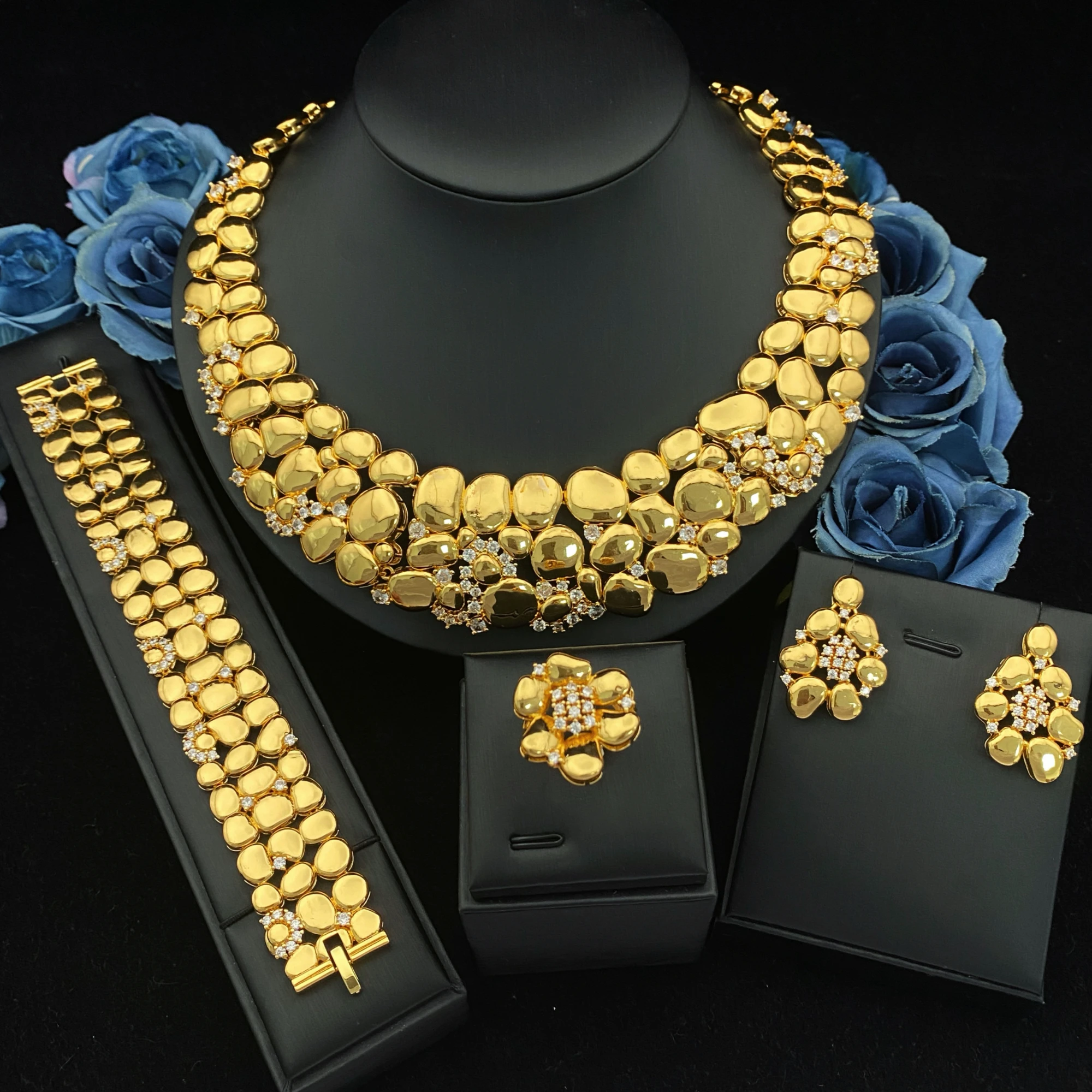 

JRH 4Pc Gold-Plated Brass Jewelry Set with Sparkling Cubic Zirconia Unique Design Bracelet Ring Necklace Earrings New 2025