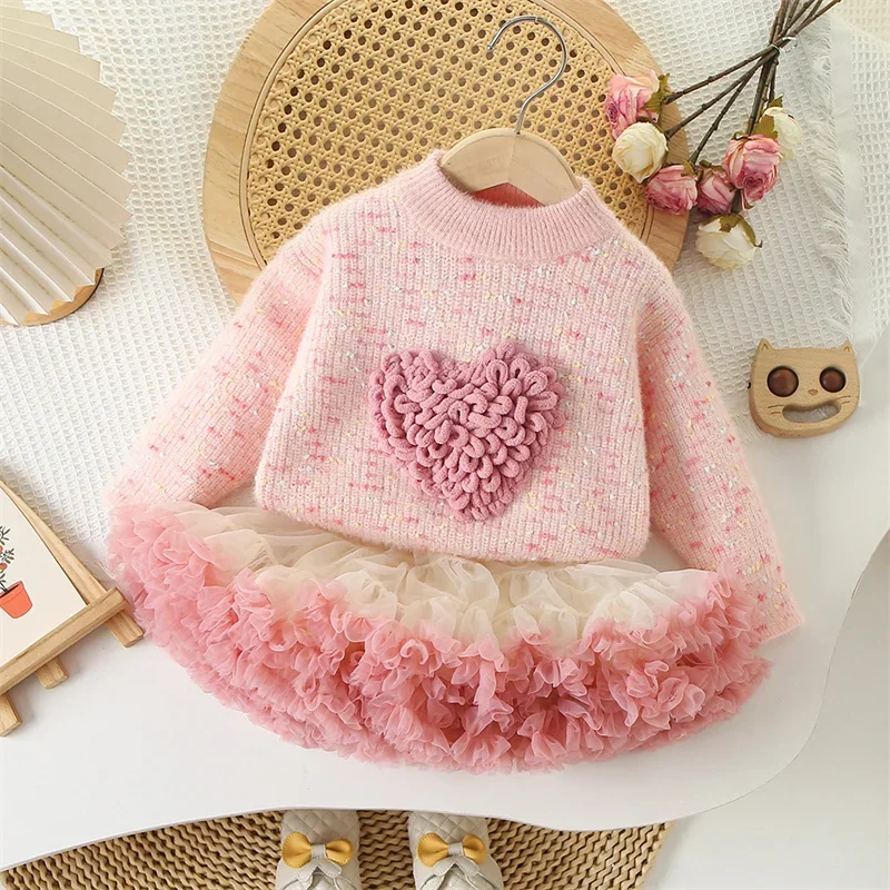 Baby Heart Sweatshirt + Tutu Skirts 2pcs Set Fashion Children Knitting Outfit for 1-6 Years Kids Tracksuit Winter Girls Clothes