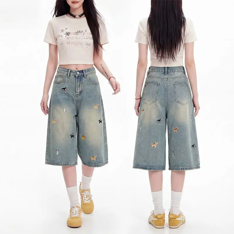 

American Retro Loose Wide Leg Denim Knee Length Pants Women Summer Slimming Shorts Casual Straight Leg Denim Trouser High Street