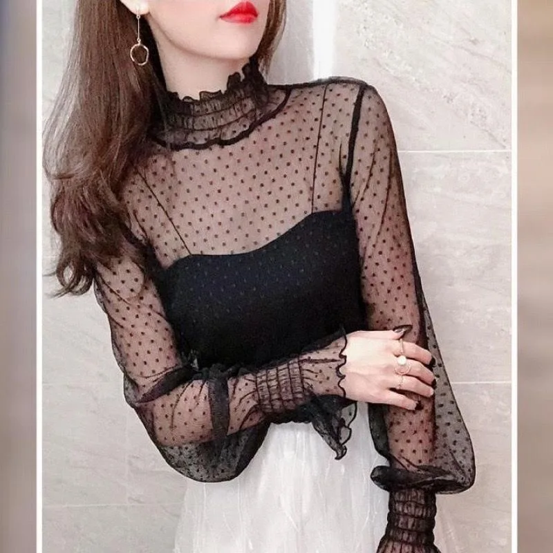 Autumn Women Thin Black Lace Shirt Sexy Turtleneck Long Sleeve Slim Lace Crochet Patchwork Tops Fashion Women Clothing