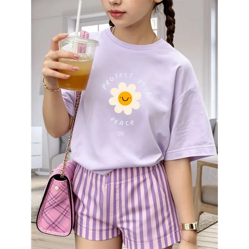 Protect Your Peace Smiley Daisy Circle Letter Print Kids T-shirt Soft Cotton O-Neck Short Sleeve Unisex Boys Girls Summer Casual