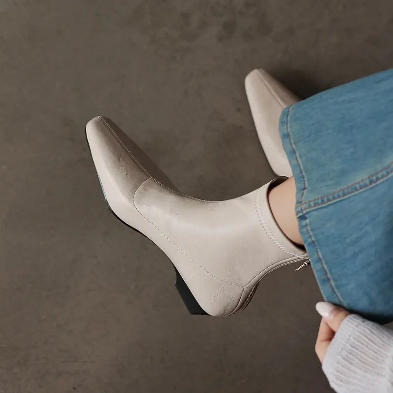 2026 new autumn winter women ankle boots 22-25cm stretch microfiber+pigskin/plush square toe back zip women short boots