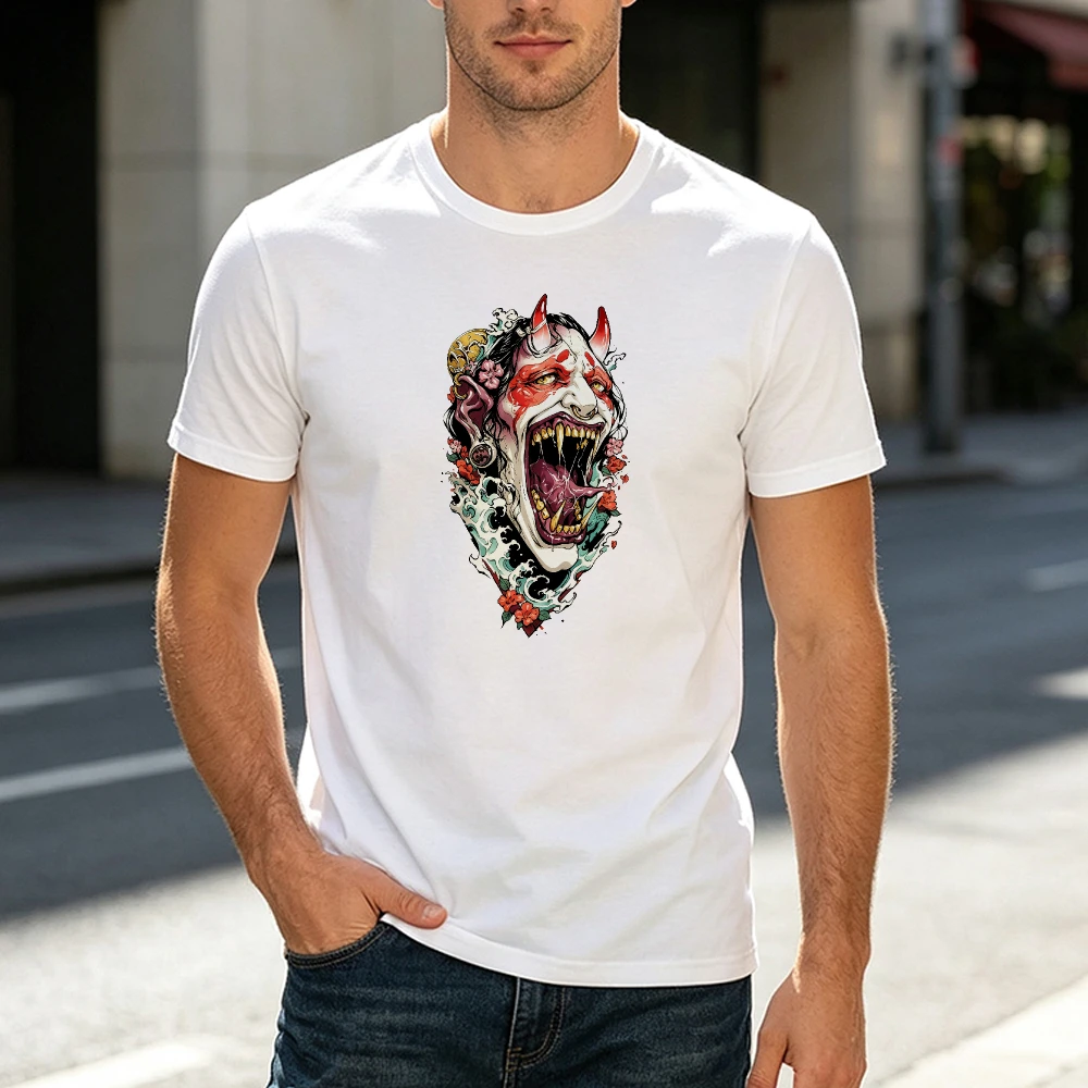 Traditional Japanese Oni Demon Mask Men T Shirt Summer Intricate Tattoo Style Tee Evil Samurai Face Print Tees