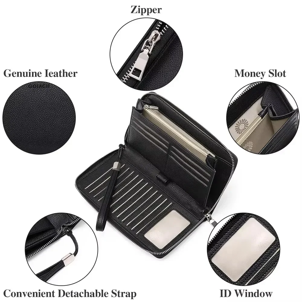 RFID Blocking Leather Wallet Unisex Business Zipper Organizer Long Slim Card Holder Travel Purse Accessories Premium Gift Idea
