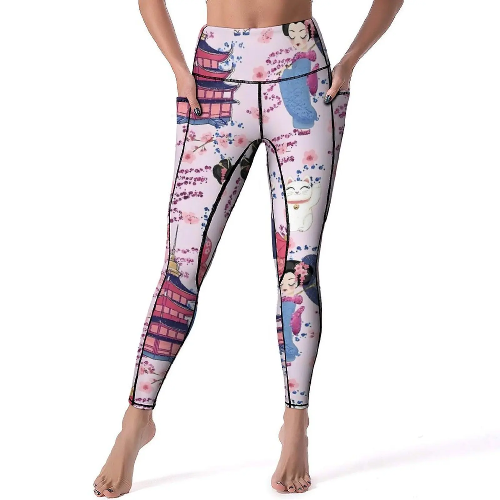 Kawaii Japanese Dolls Pink Yoga Pants Sexy  Printed Leggings High Waist Gym Leggins Women Kawaii Stretch Sports Tights