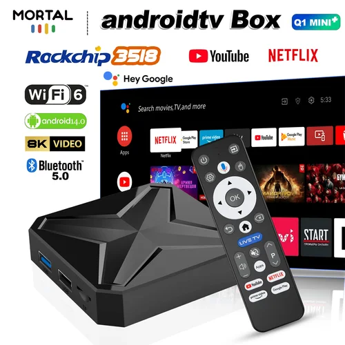 Decodificador de TV inteligente Mortal Q1 MINI+ con Android 14.0, RK3518, cuatro núcleos, compatible con reproductor 4K Wi-Fi 6, 2 GB y 16 GB
