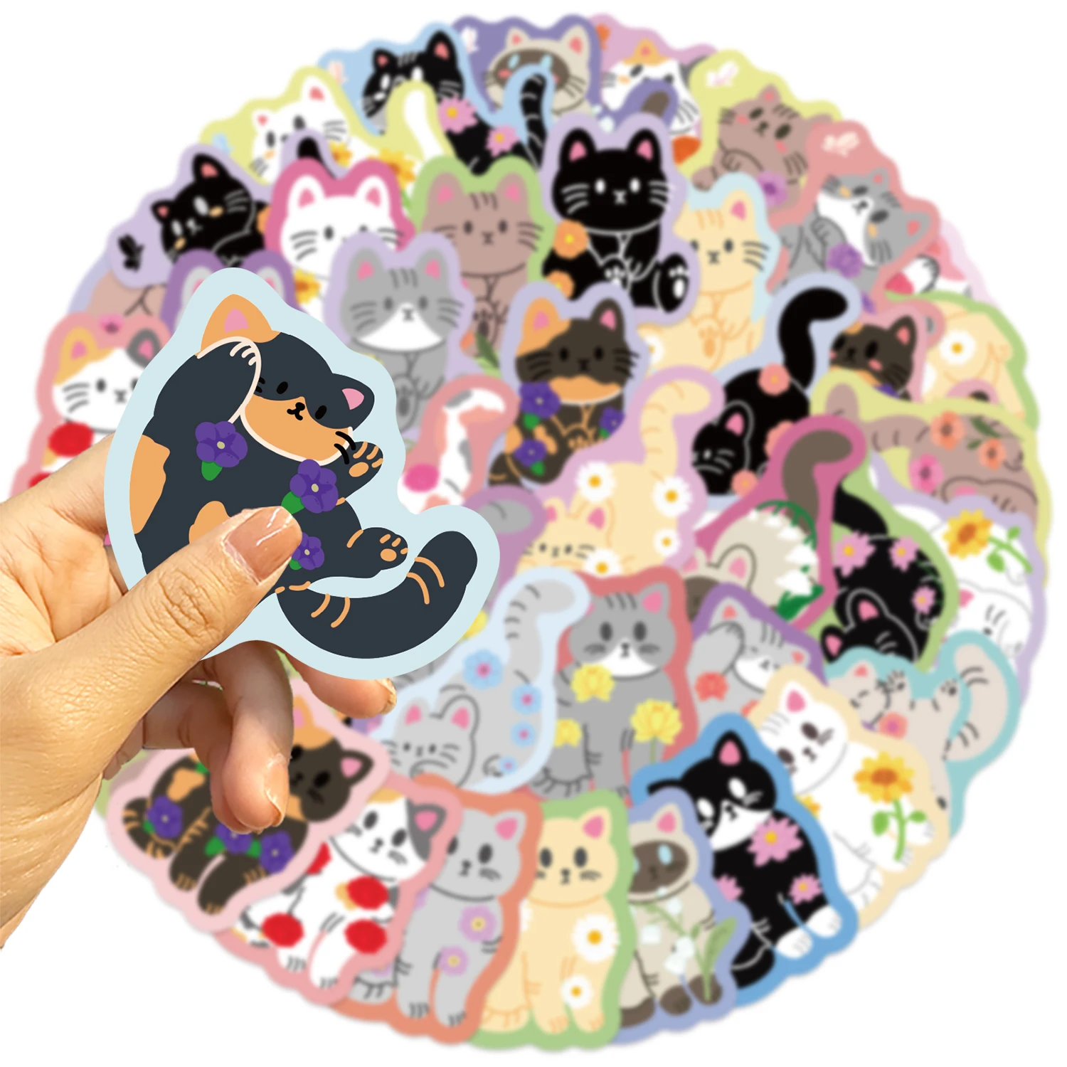 50 個カラーエッジ猫花漫画画像落書きステッカー DIY 電話ケース日記防水文具装飾 PVC ステッカー