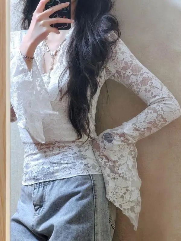 

Женская облегающая футболка Pure Desire с кружевом и V-образным вырезом, с длинным рукавом, уникальная и красивая, для ношения под одеждой, весенний сезон