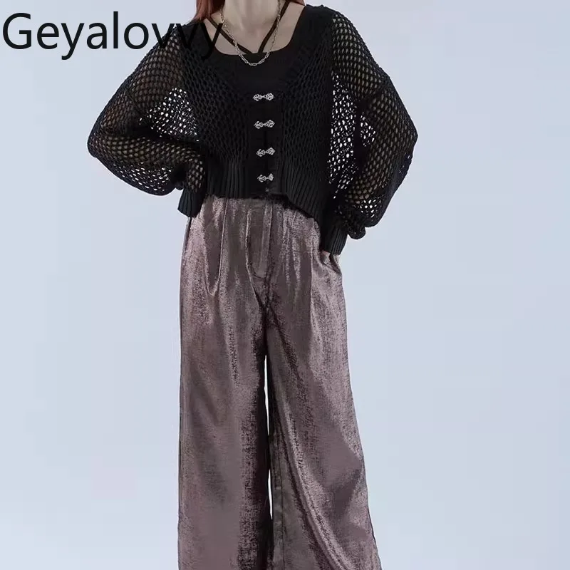 Primavera Estate Nuova fibbia in metallo Cardigan lavorato a maglia con scollo a V cavo Camicia con aria condizionata a maniche lunghe nera versatile da donna dolce