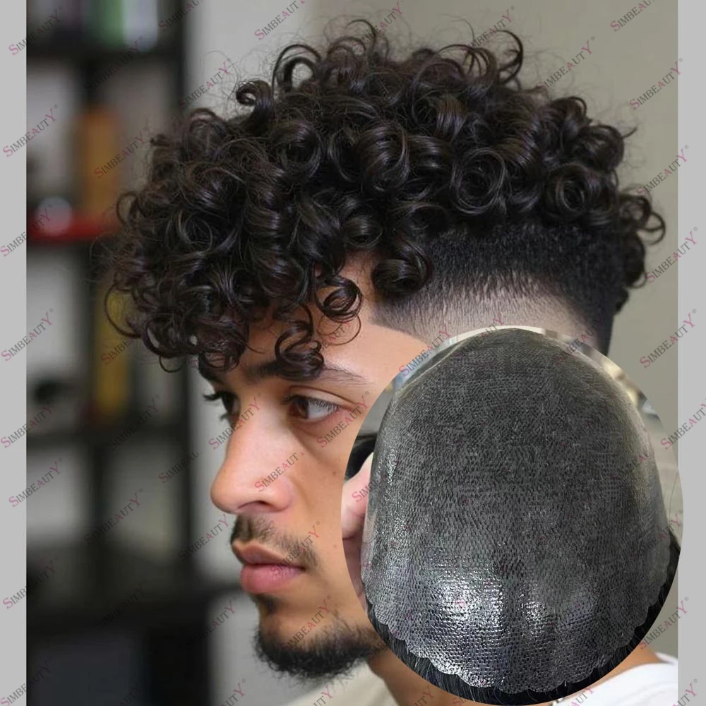 

Undetectable Microskin Base Jet Black Afro Man 18mm Curly Men Toupee Natural Hairline Curly Human Hair Prosthesis 1b20 1b50 1b65