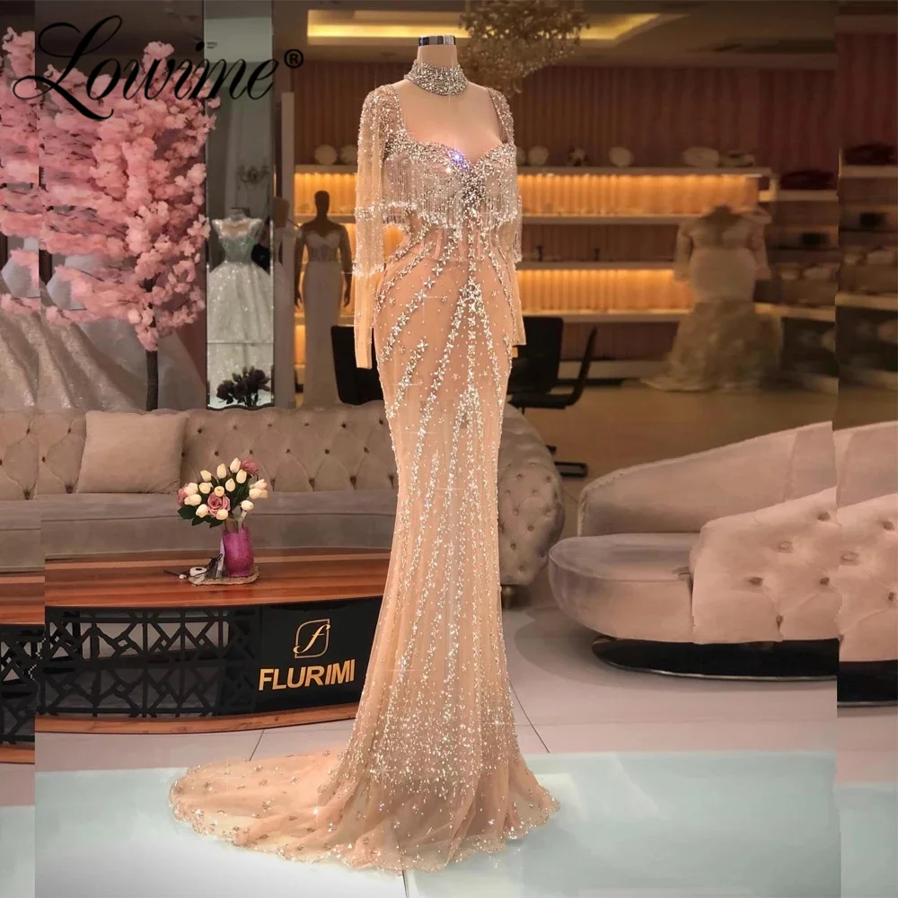 

Lowime Dubai Design Heavy Beaded Tassel Luxury Prom Dresses Long Sleeve Crystals Evening Dresses Champagne Muslim Party Dress