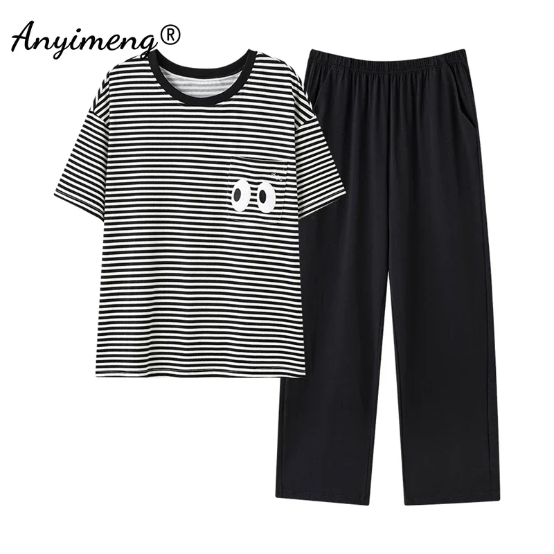 New Summer Cotton Pajamas for Women Short Sleeved Long Pants Pijamas Korean Soft Pijamas Letter Print Woman Sleepwear