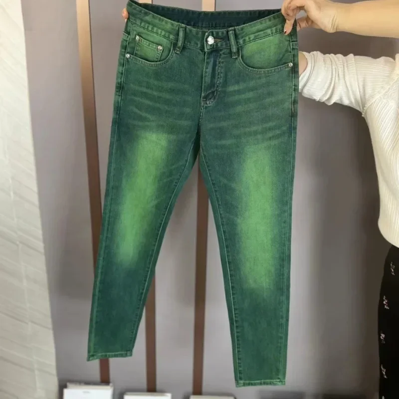 ربيع وصيف نمط جديد الأخضر غسلها الرجال الجينز سليم صالح مطاطا عادية تنوعا السراويل الطويلة فضفاضة تناسب مريحة الذكور الجينز #2