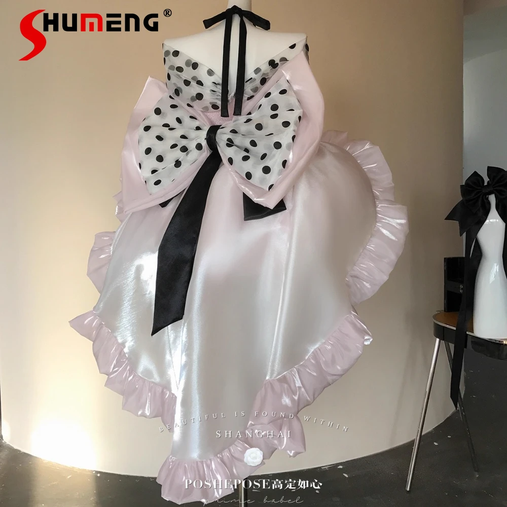 

Sweet Girl Fairy Princess Birthday Party Dress Pink Dot Off Shoulder High Waist Big Bow Trailing Puffy Mini Lolita Dresses Women