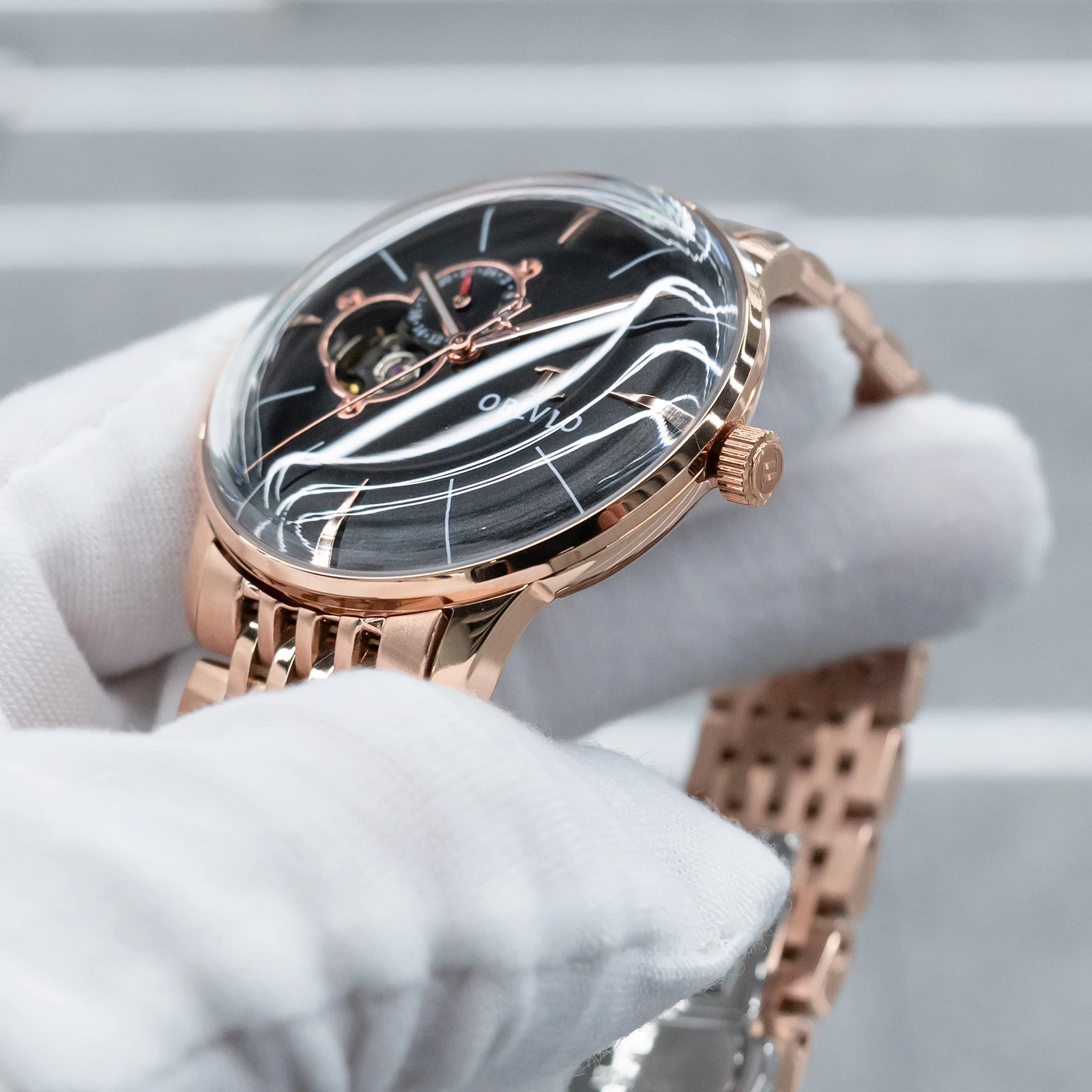 OBLVLO Men's Luxury Skeleton Automatic Watch Rose Gold Black Dial 50m Waterproof Fashion Timepiece with Rose Gold Bracelet Band