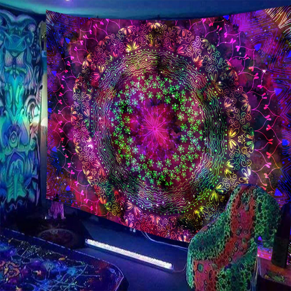 Tapeçaria fluorescente hippie resposta uv psicodélica parede pendurado estilo boho decoração de casa